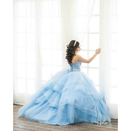 Tiered Sky Blue Quince Dress Strapless Sweetheart Neck Birthday Party Gown Lace Appliques Sequin Vestidos De 15 Anos