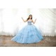 Tiered Sky Blue Quince Dress Strapless Sweetheart Neck Birthday Party Gown Lace Appliques Sequin Vestidos De 15 Anos