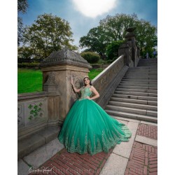 V Neck Vestidos De 15 Anos Green Quince Dress Lace Appliques Sleeveless Girls Ball Gown Sweet 16 Dresses