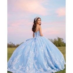 Sleeveless Sky Blue Quince Dress Sweetheart Neck Vestidos De 15 Anos Lace Appliques Girl Birthday Gowns