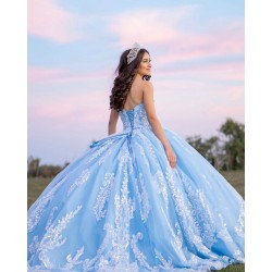 Sleeveless Sky Blue Quince Dress Sweetheart Neck Vestidos De 15 Anos Lace Appliques Girl Birthday Gowns