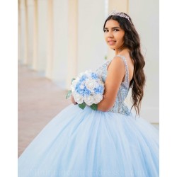 Sleeveless Vestidos De 15 Anos Sky Blue Quince Dress Crystal V Neck Girl Birthday Gowns