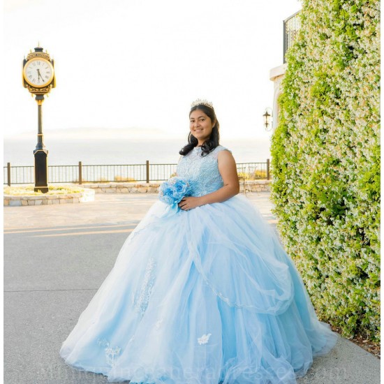 Sleeveless Vestidos De 15 Anos Sky Blue Quince Dress Lace Appliques Girl Birthday Gowns