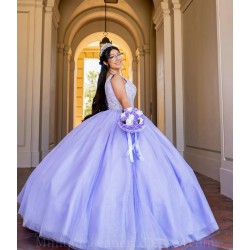 Spaghetti Strap Vestidos De 15 Anos V Neck Lilac Quince Dress Sequin Sleeveless Girl Birthday Gowns