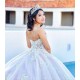 Strapless White Quince Dress Lace Appliques Girls Ball Gown Sleeveless Sweet 16 Dresses V Neck Vestidos De 15 Anos