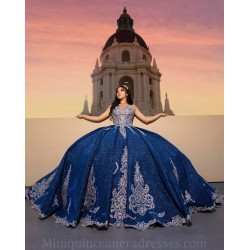 V Neck Quince Dress Navy Blue Vestidos De 15 Anos Sequin Lace Appliques Girl Birthday Gowns Sleeveless Women 2024 Ball Gown