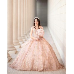 V Neck Quince Dress Rose Gold Vestidos De 15 Anos Lace Appliques Girl Birthday Gowns Sequin Women 2024 Ball Gown