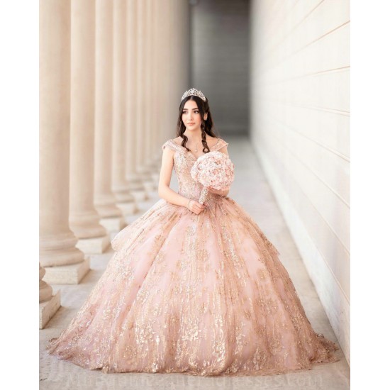 V Neck Quince Dress Rose Gold Vestidos De 15 Anos Lace Appliques Girl Birthday Gowns Sequin Women 2024 Ball Gown