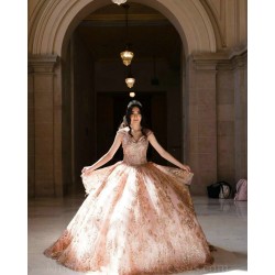 V Neck Quince Dress Rose Gold Vestidos De 15 Anos Lace Appliques Girl Birthday Gowns Sleeveless Women 2024 Ball Gown