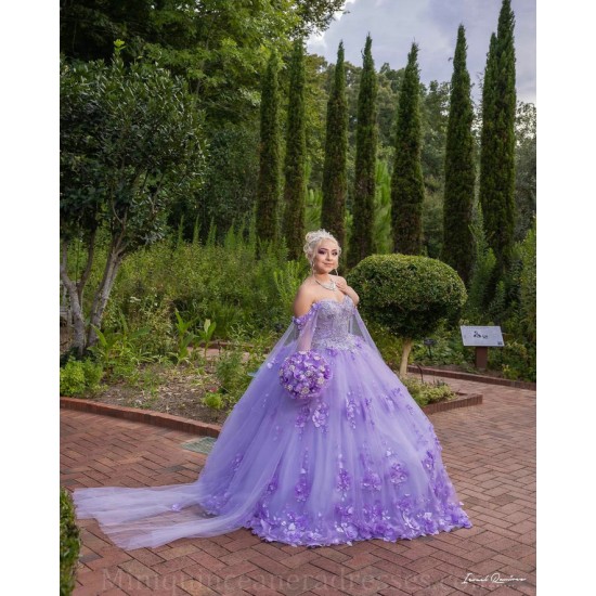 Cape Sleeve 15 Anos Lilac Quince Dress Sweetheart Neck Women 2024 Ball Gown Pearl  Girl Birthday Gowns With 3D Flowers