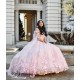 Cape Sleeve Pink Quince Dress 3D Flowers Girls Ball Gown Crystal Sweet 16 Dresses Sweetheart Neck Vestidos De 15 Anos