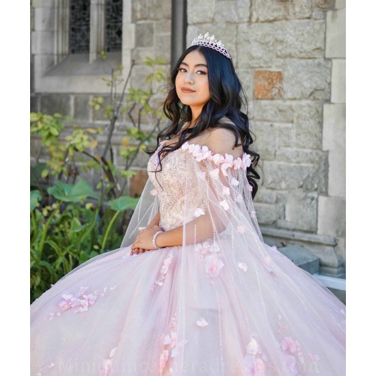 Cape Sleeve Pink Quince Dress 3D Flowers Girls Ball Gown Crystal Sweet 16 Dresses Sweetheart Neck Vestidos De 15 Anos