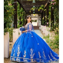 Cape Sleeve Vestidos De 15 Anos Blue Quince Dress Lace Appliques V Neck Girl Birthday Gowns