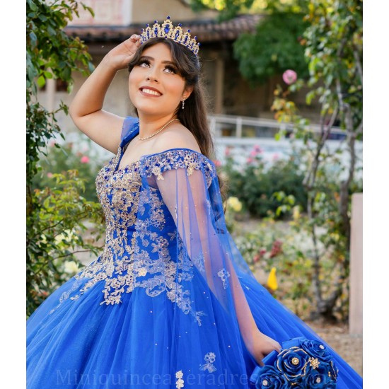 Cape Sleeve Vestidos De 15 Anos Blue Quince Dress Lace Appliques V Neck Girl Birthday Gowns