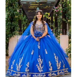 Cape Sleeve Vestidos De 15 Anos Blue Quince Dress Lace Appliques V Neck Girl Birthday Gowns