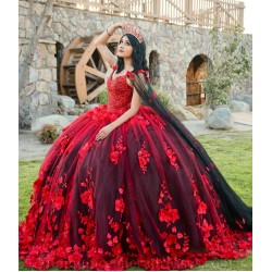 Cape Sleeve Vestidos De 15 Anos Red Quince Dress V Neck Girl Birthday Gowns With 3D Flowers