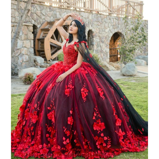 Cape Sleeve Vestidos De 15 Anos Red Quince Dress V Neck Girl Birthday Gowns With 3D Flowers