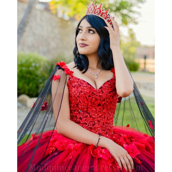 Cape Sleeve Vestidos De 15 Anos Red Quince Dress V Neck Girl Birthday Gowns With 3D Flowers