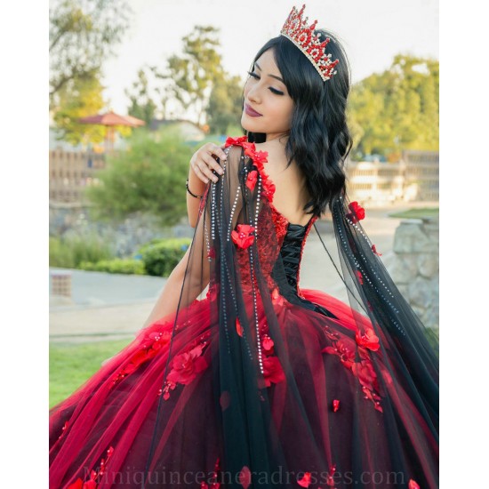 Cape Sleeve Vestidos De 15 Anos Red Quince Dress V Neck Girl Birthday Gowns With 3D Flowers