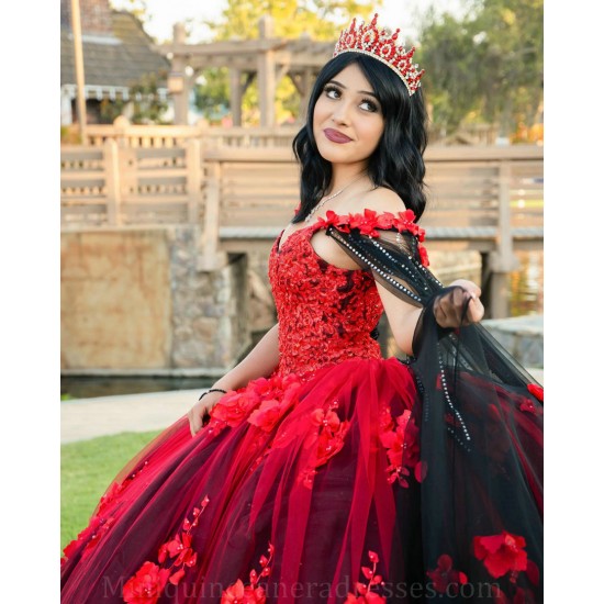 Cape Sleeve Vestidos De 15 Anos Red Quince Dress V Neck Girl Birthday Gowns With 3D Flowers