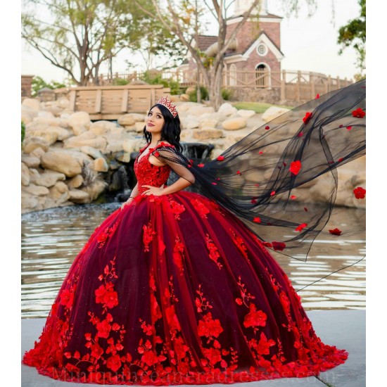 Cape Sleeve Vestidos De 15 Anos Red Quince Dress V Neck Girl Birthday Gowns With 3D Flowers