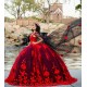 Cape Sleeve Vestidos De 15 Anos Red Quince Dress V Neck Girl Birthday Gowns With 3D Flowers