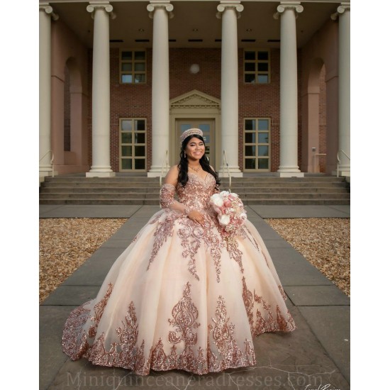 Detachable 15 Anos Rose Gold Quince Dress Sweetheart Neck Women 2024 Ball Gown Lace Appliques Sequin Girl Birthday Gowns