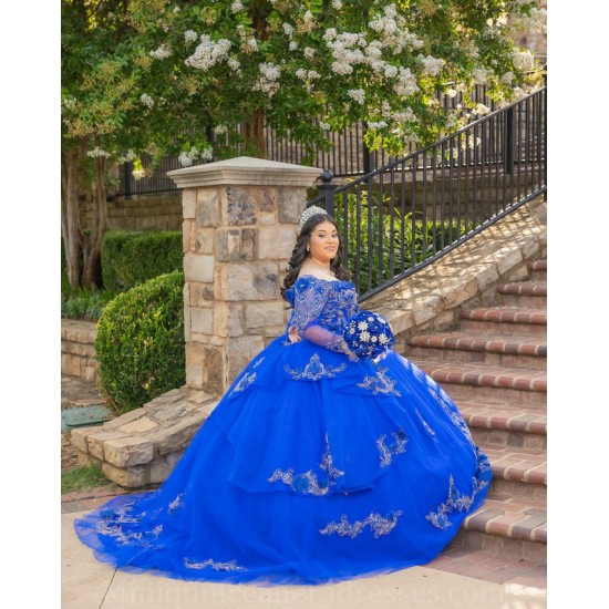 Long Sleeve 15 Anos Blue Quince Dress Lace Appliques Girl Birthday Gowns Sweetheart Neck Sweet 15 Gowns