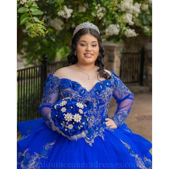 Long Sleeve 15 Anos Blue Quince Dress Lace Appliques Girl Birthday Gowns Sweetheart Neck Sweet 15 Gowns