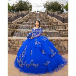 Long Sleeve 15 Anos Blue Quince Dress Lace Appliques Girl Birthday Gowns Sweetheart Neck Sweet 15 Gowns