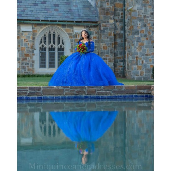 Long Sleeve 15 Anos Blue Quince Dress Lace Appliques V Neck Girl Birthday Gowns Lace Appliques Sweet 15 Gowns