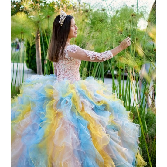 Long Sleeve Pink Quince Dress Ruffled Girls Ball Gown Sweet 16 Dresses Lace Appliques Vestidos De 15 Anos