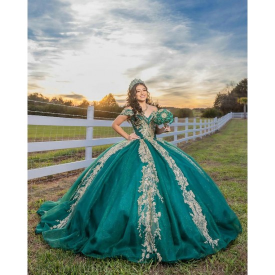 Off Shoulder 15 Anos Emerald Green Quince Dress V Neck Girl Birthday Gowns Lace Appliques Sweet 15 Gowns