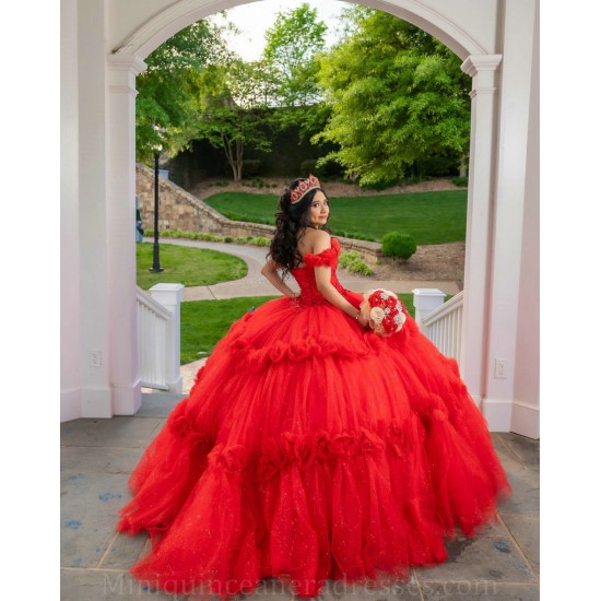 Off Shoulder 15 Anos Red Quince Dress Sequin Girl Birthday Gowns Lace Appliques Sweet 15 Gowns