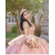 Off Shoulder 15 Anos Rose Gold Quince Dress Crystal V Neck Girl Birthday Gowns Lace Appliques Sweet 15 Gowns