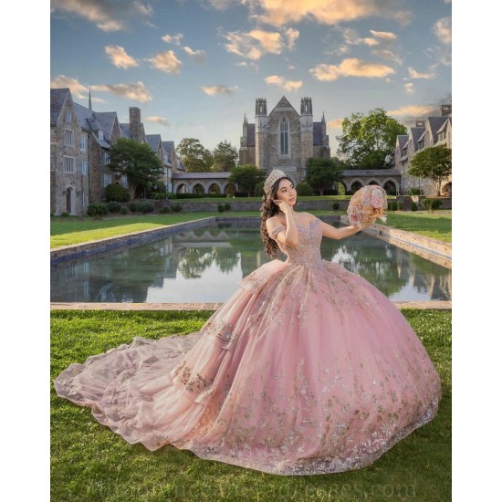 Off Shoulder 15 Anos Rose Gold Quince Dress Crystal V Neck Girl Birthday Gowns Lace Appliques Sweet 15 Gowns