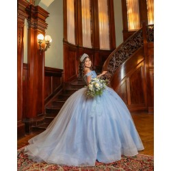 Off Shoulder 15 Anos Sky Blue Quince Dress Lace Appliques Girl Birthday Gowns Sweetheart Neck Sweet 15 Gowns