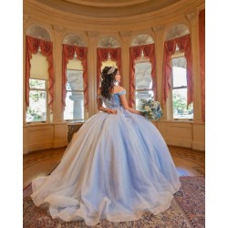 Off Shoulder 15 Anos Sky Blue Quince Dress Lace Appliques Girl Birthday Gowns Sweetheart Neck Sweet 15 Gowns