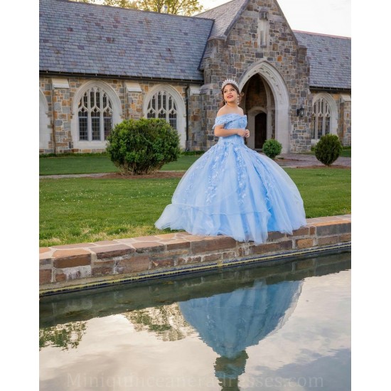 Off Shoulder 15 Anos Sky Blue Quince Dress Sweetheart Neck Women 2024 Ball Gown Lace Appliques Girl Birthday Gowns