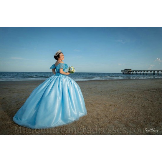 Off Shoulder 15 Anos Sky Blue Quince Dress Women Lace Appliques 2024 Ball Gown Girl Birthday Gowns