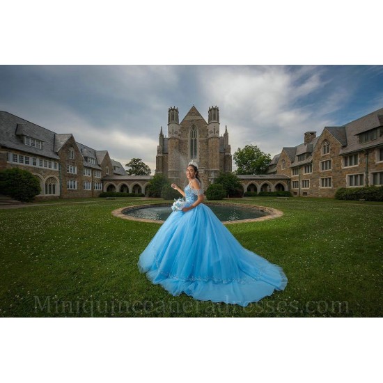 Off Shoulder Quince Dress Sky Blue Vestidos De 15 Anos Crystal Girl Birthday Gowns V Neck Women 2024 Ball Gown