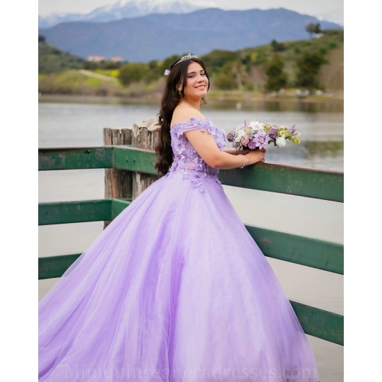 Off Shoulder Vestidos De 15 Anos Lilac Quince Dress V Neck Girl Birthday Gowns With 3D Flowers