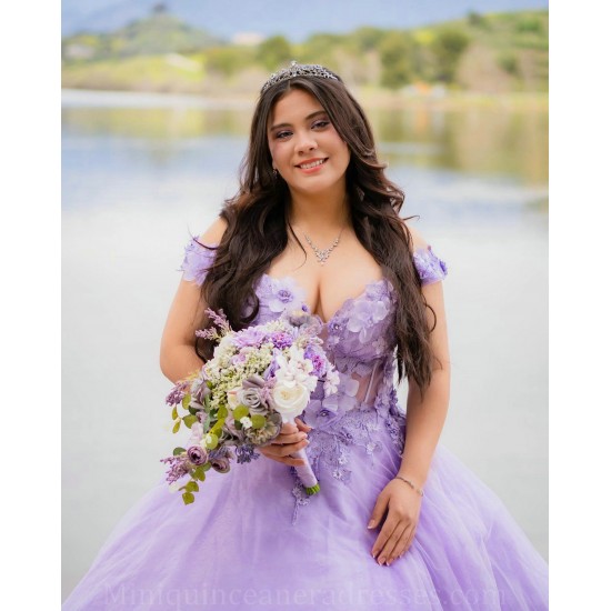 Off Shoulder Vestidos De 15 Anos Lilac Quince Dress V Neck Girl Birthday Gowns With 3D Flowers