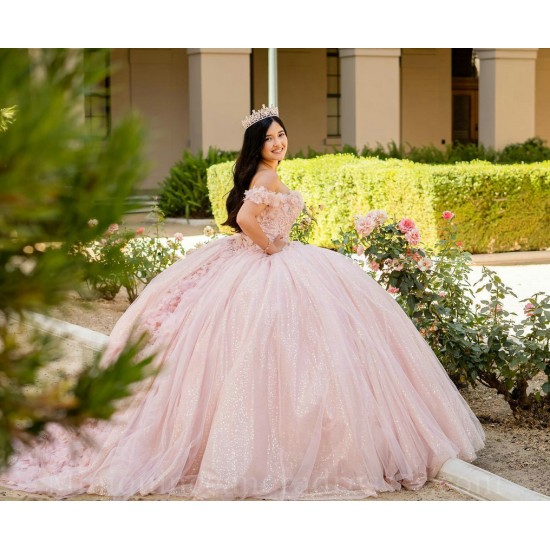 Off Shoulder Vestidos De 15 Anos Pink Quince Dress Sequin Sweetheart Neck Girl Birthday Gowns With 3D Flowers