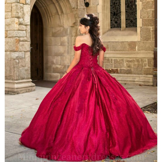 Off Shoulder Red Quince Dress Lace Appliques Girls Ball Gown Sequin Sweet 16 Dresses Sweetheart Neck Vestidos De 15 Anos