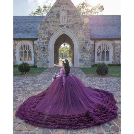 Ruffled 15 Anos Purple Quince Dress Lace Appliques Girl Birthday Gowns Long Sleeve V Neck Sweet 15 Gowns