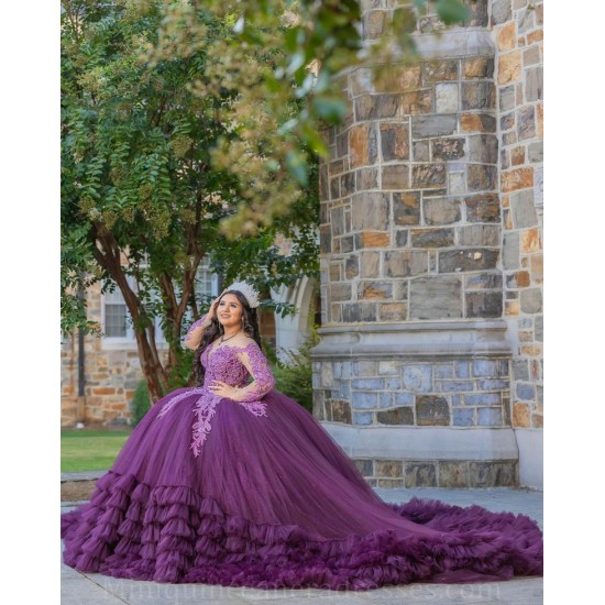 Ruffled 15 Anos Purple Quince Dress Lace Appliques Girl Birthday Gowns Long Sleeve V Neck Sweet 15 Gowns