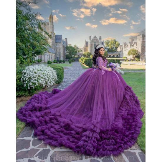 Ruffled 15 Anos Purple Quince Dress Lace Appliques Girl Birthday Gowns Long Sleeve V Neck Sweet 15 Gowns