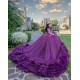 Ruffled 15 Anos Purple Quince Dress Lace Appliques Girl Birthday Gowns Long Sleeve V Neck Sweet 15 Gowns