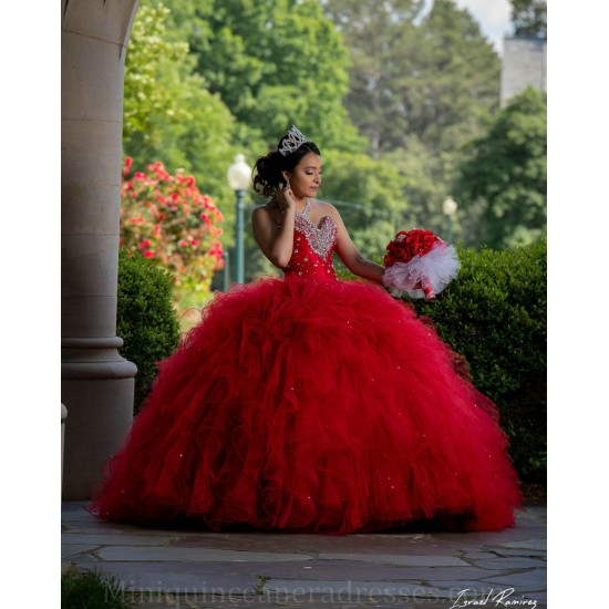 Ruffled 15 Anos Red Quince Dress Sweetheart Neck Girl Birthday Gowns Lace Appliques Sleeveless Women 2024 Ball Gown